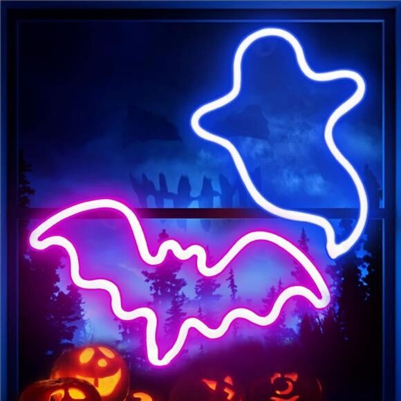 2 Pack Halloween Decoration LEDs Neon Sign Light Ghost Neon Sign Bat Lights - Picture 1 of 8